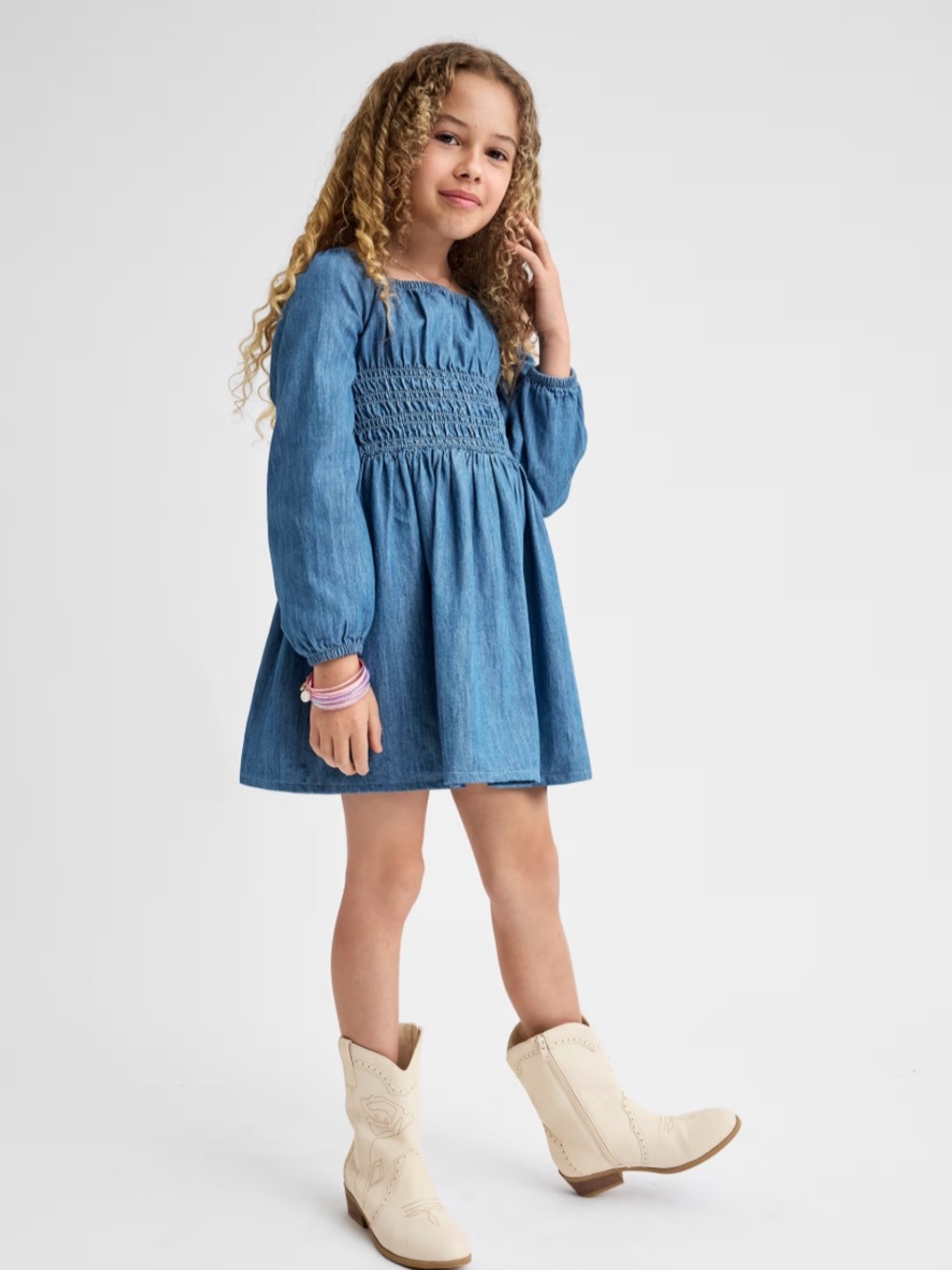 100% Cotton | The Children's Place Blue Chambray Smocked Long-Sleeve Dress
